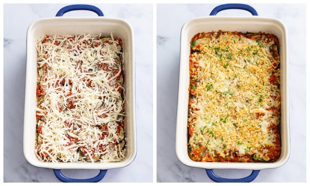 Eggplant Parmesan Casserole in a casserole dish before and after being baked.