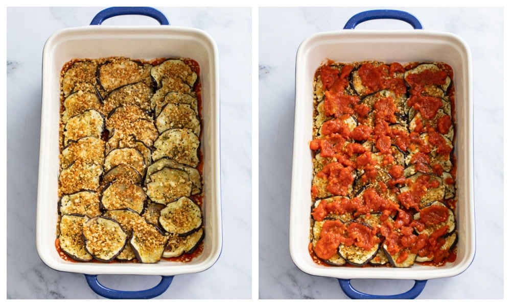 Sliced eggplant with breadcrumbs and marinara sauce layered in a casserole dish.