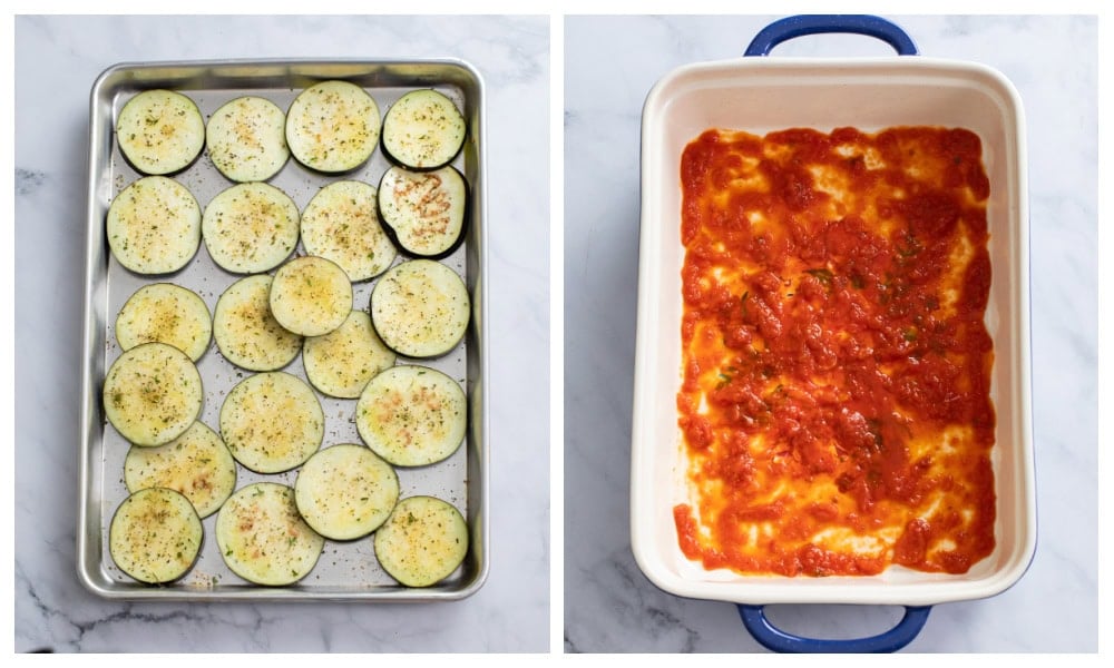 A baking sheet with sliced and seasoned eggplant next to a casserole dish with marinara sauce in it.