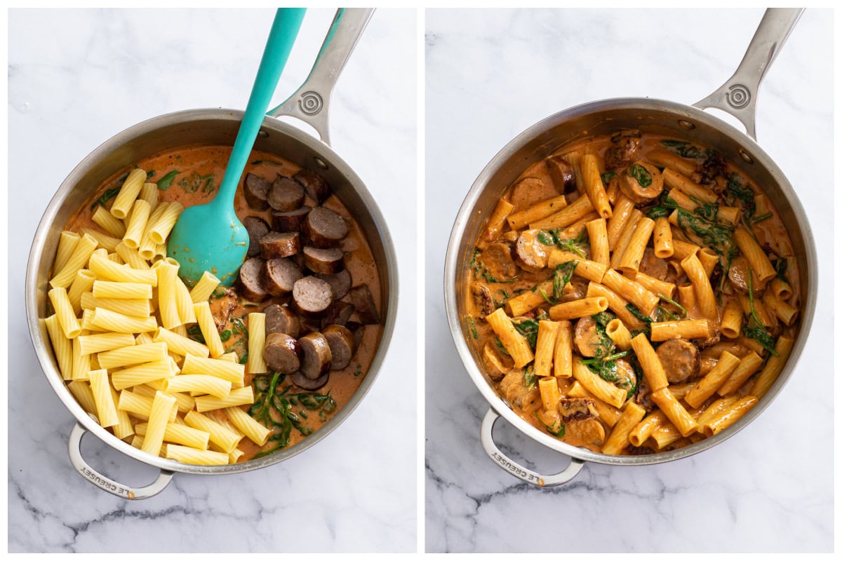 Adding pasta and sausage to a skillet with Sun-Dried tomato sauce and combining.