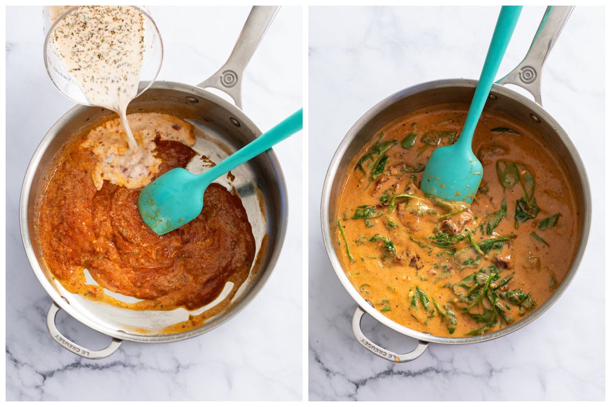 Adding sauce to a roux in a skillet to make a creamy Sun-Dried tomato sauce.