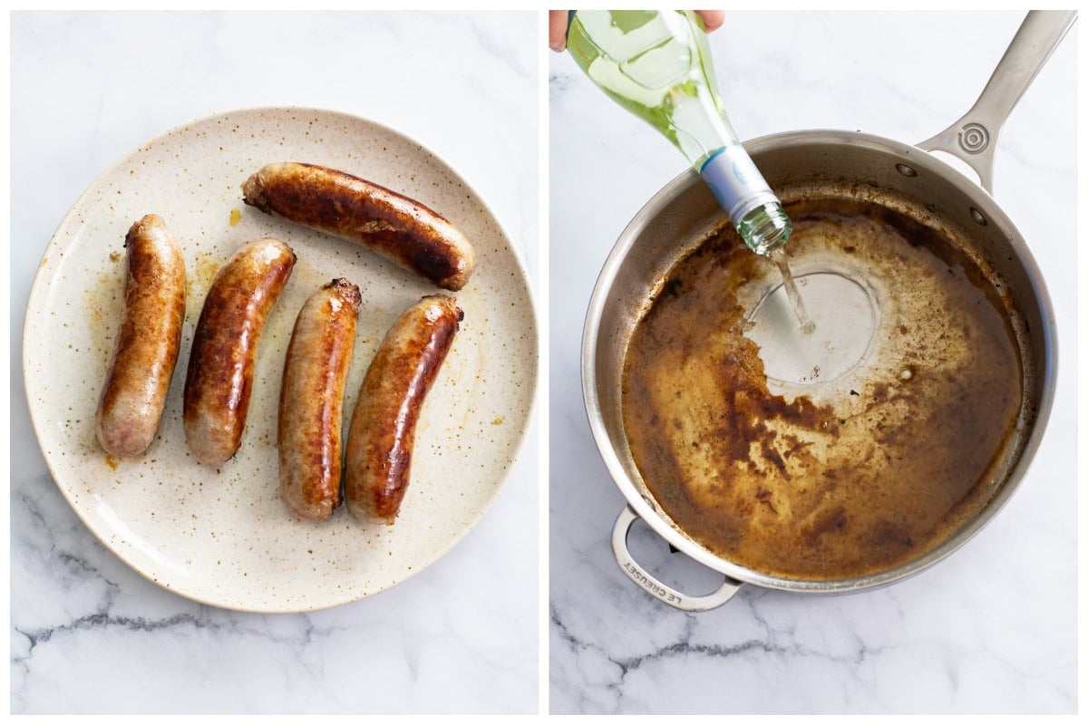 A plate of sausage links next to a skillet being deglazed with white wine.