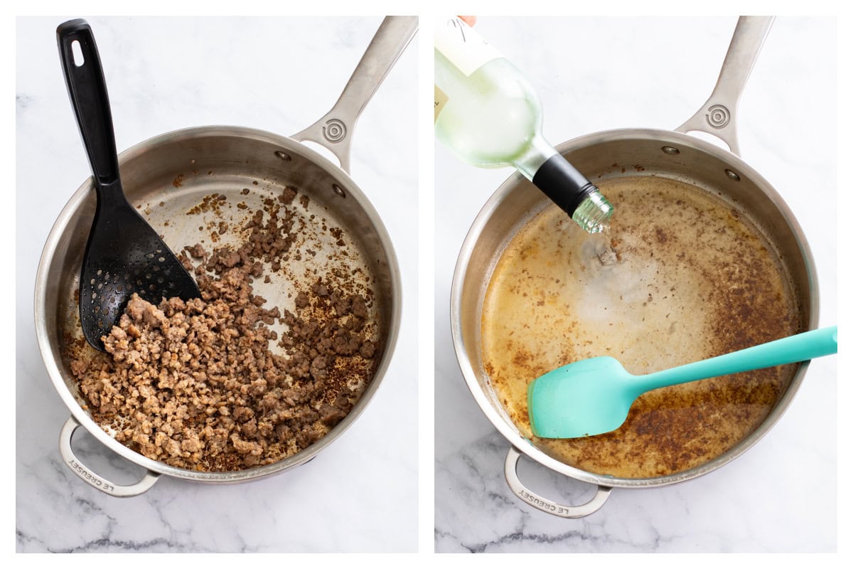 A skillet with cooked ground sausage next to a skillet being deglazed with white wine.