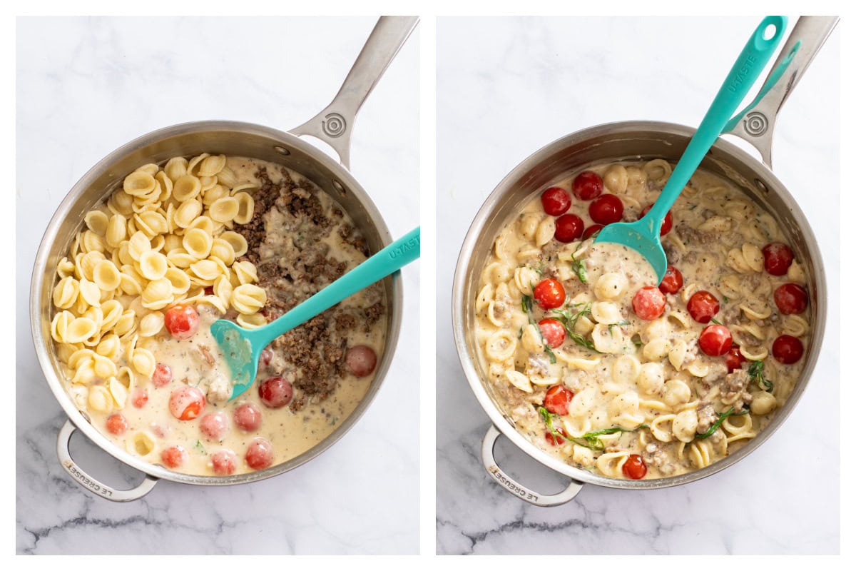 Adding tomatoes, basil, sausage, and pasta to a skillet to make Tomato Basil Pasta.