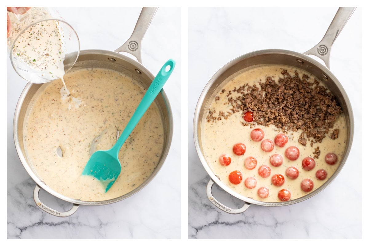 Making a cream sauce in a skillet with ground sausage and tomatoes being added.