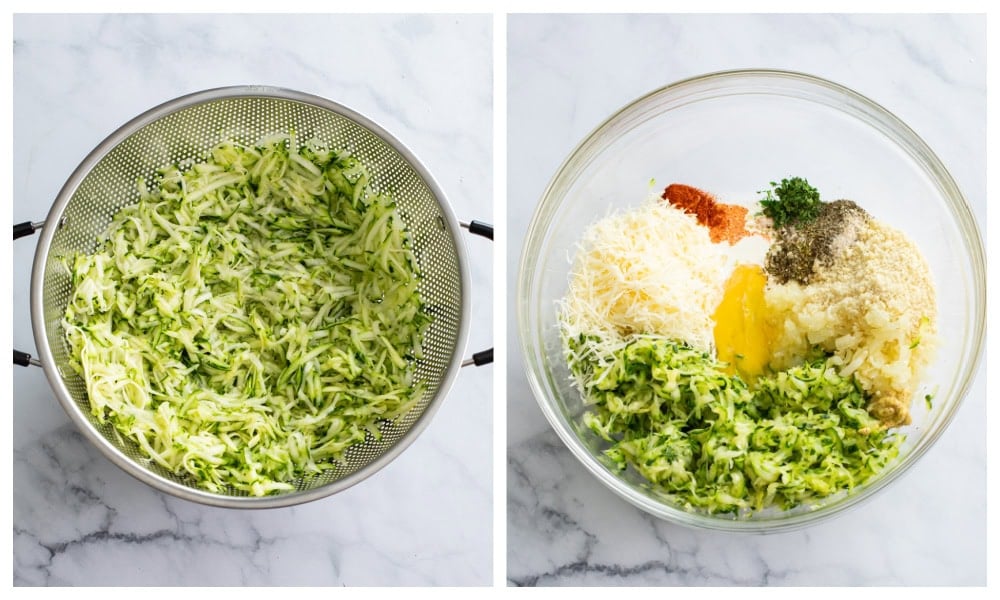 A colander of shredded zucchini next to a bowl of ingredients for zucchini casserole filling.