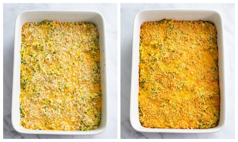 Zucchini Casserole in a white baking dish before and after being baked.