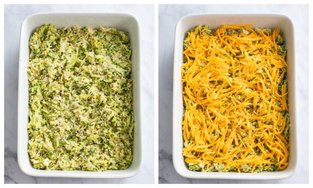 A casserole dish with zucchini filling next to a casserole dish with cheese added on top.