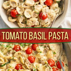 A collage of Tomato Basil Pasta in a skillet and in a serving bowl.