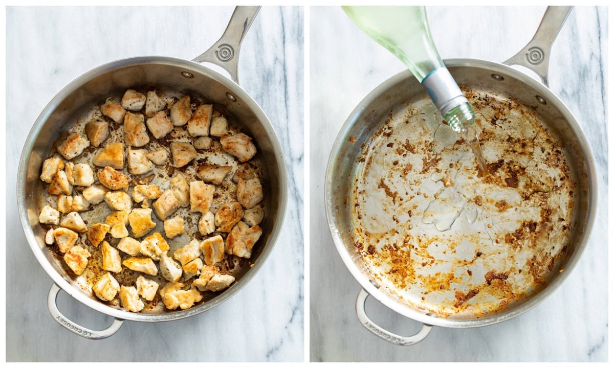 A skillet of cooked bites of chicken next to a skillet being deglazed with white wine.