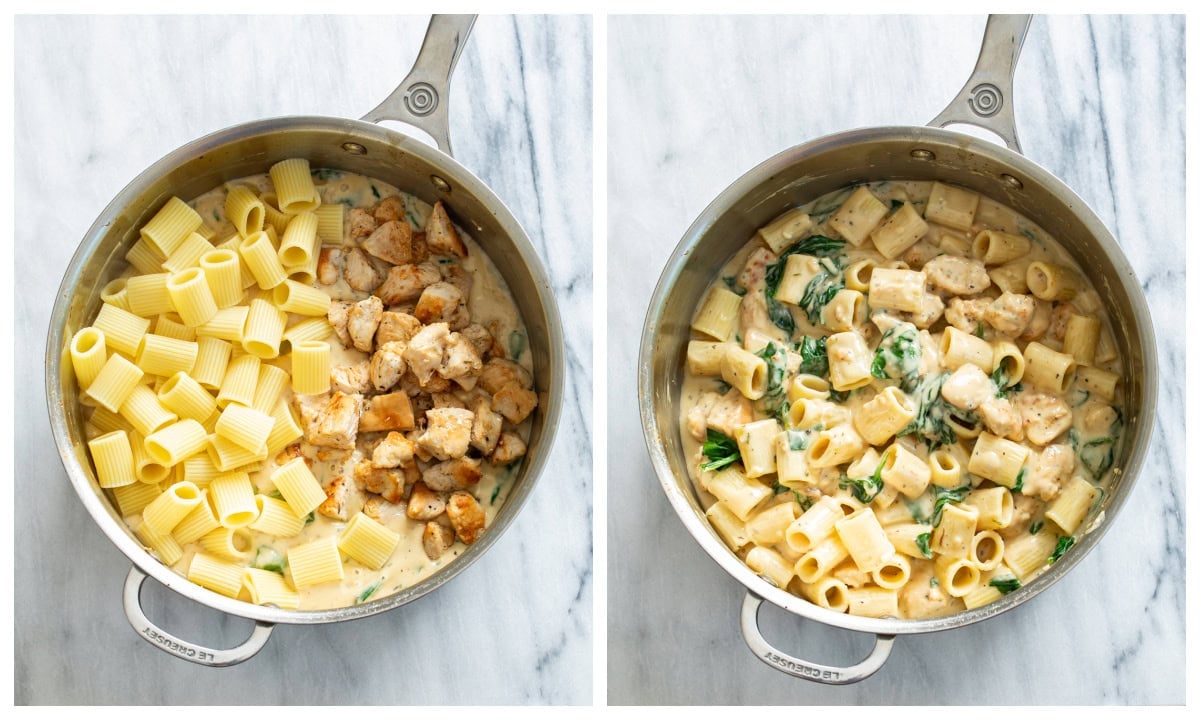 Adding pasta and chicken to a skillet of spinach cream sauce and stirring to combine.