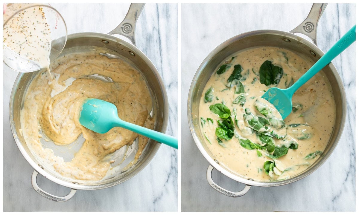 A skillet of sauce being added to a roux next to a skillet with spinach being added to a cream sauce.