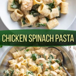 A collage of Chicken Spinach Pasta in a bowl and in a skillet.