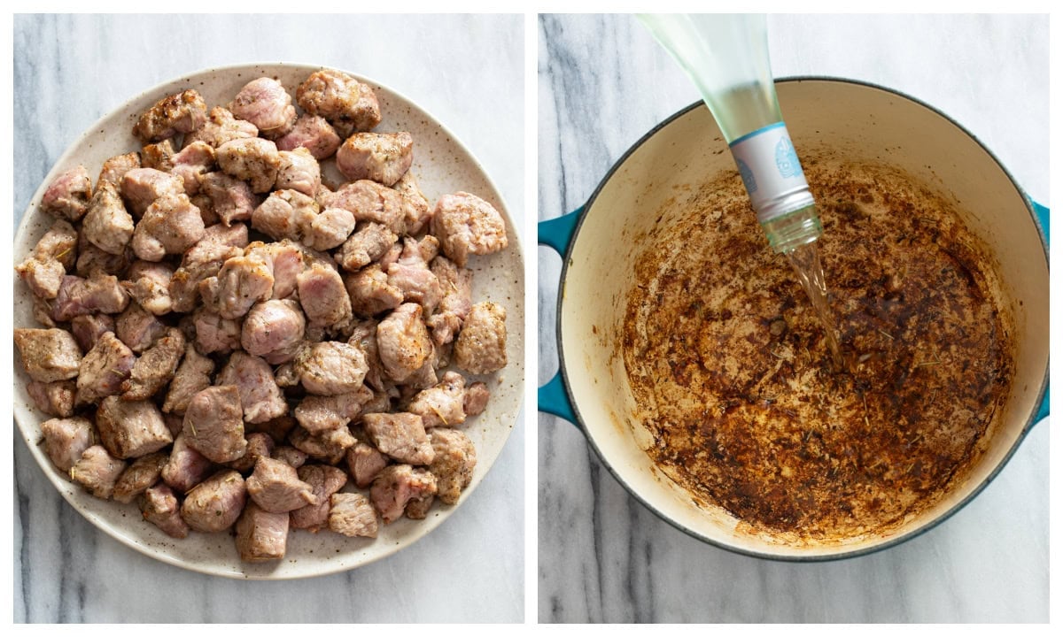 A plate of seared pork next to a soup pot being deglazed with white wine.