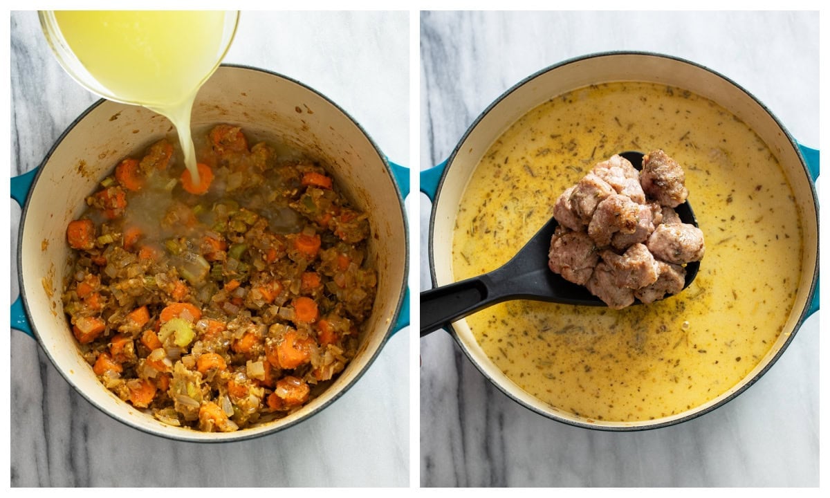 Adding chicken broth to softened vegetables next to a pot with pork being added to pork stew.