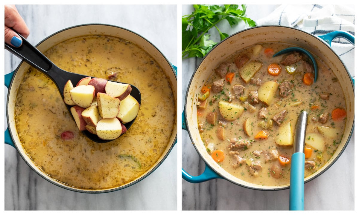 Adding potatoes to stew next to Dutch oven with finished Pork Stew with a ladle on the side.