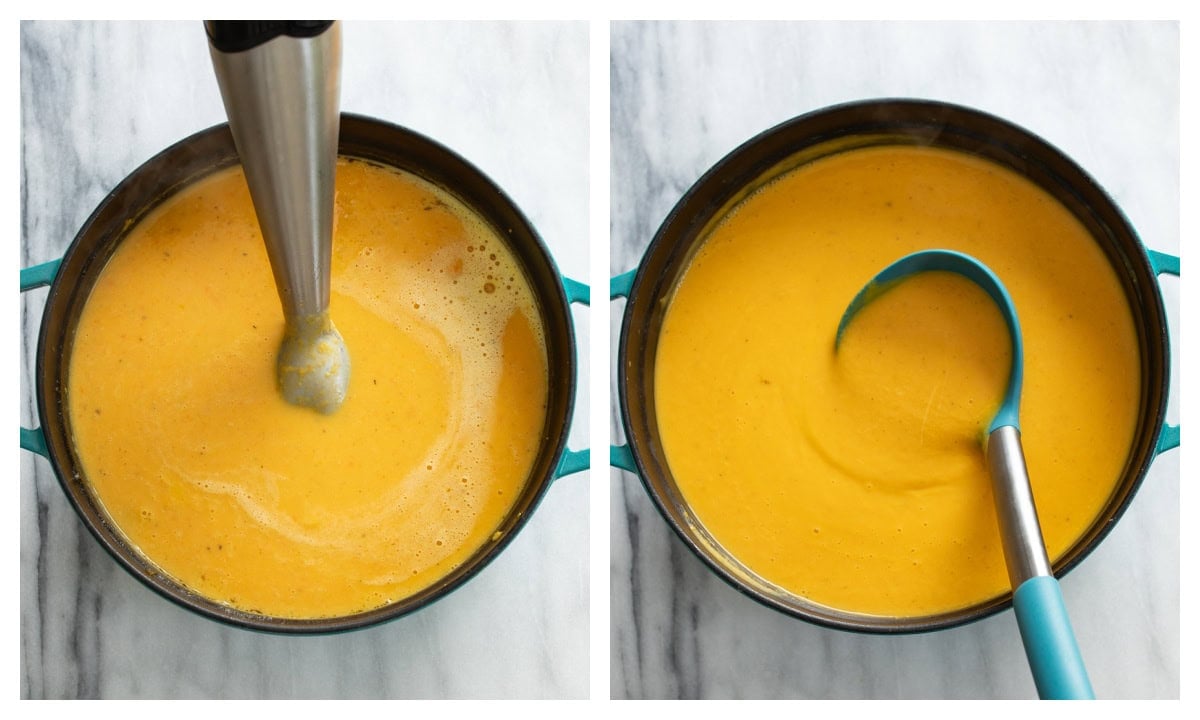 A pot of sweet potato soup with an immersion blender in it next to a pot of finished sweet potato soup.