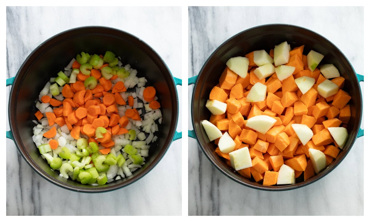 A soup pot with onions, carrots, and celery next to a soup pot with diced sweet potatoes and apples.