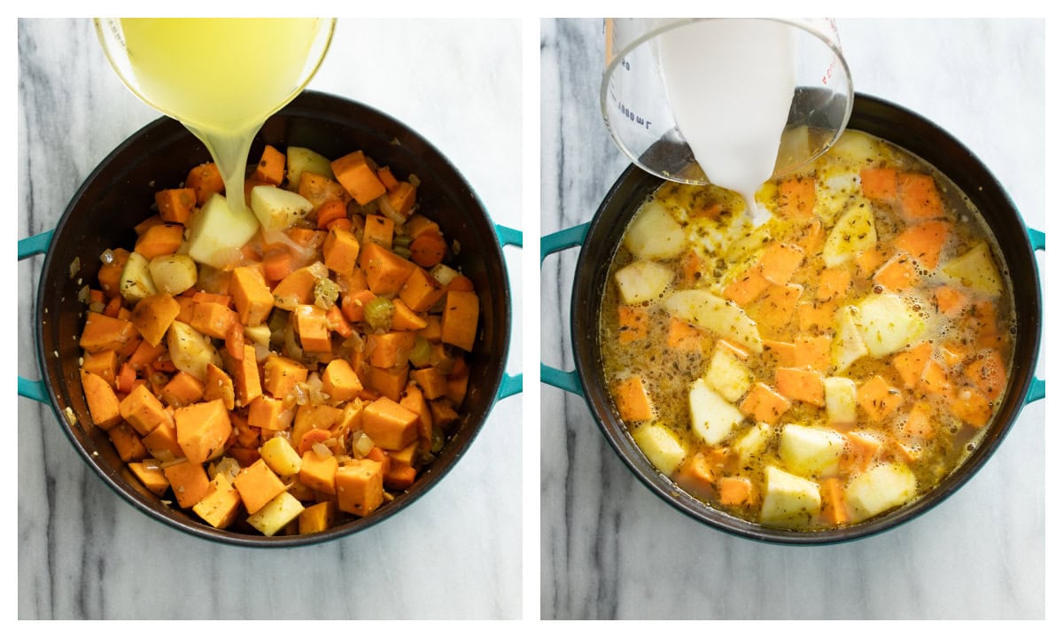 Adding chicken broth and coconut cream to a pot of sweet potatoes and vegetables to make sweet potato soup.