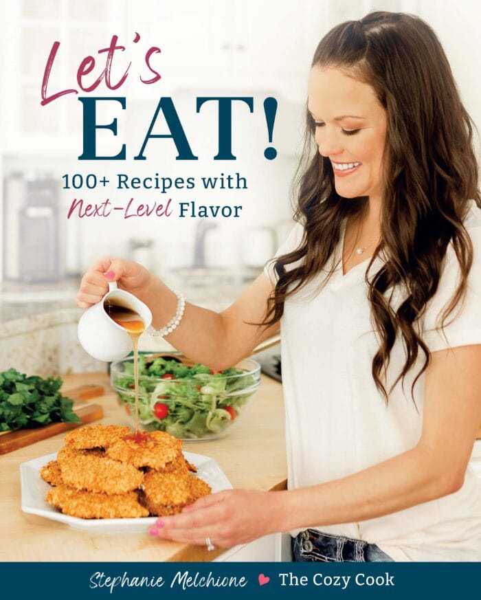 A picture of the cover of Stephanie Melchione's second cookbook, Let's Eat!