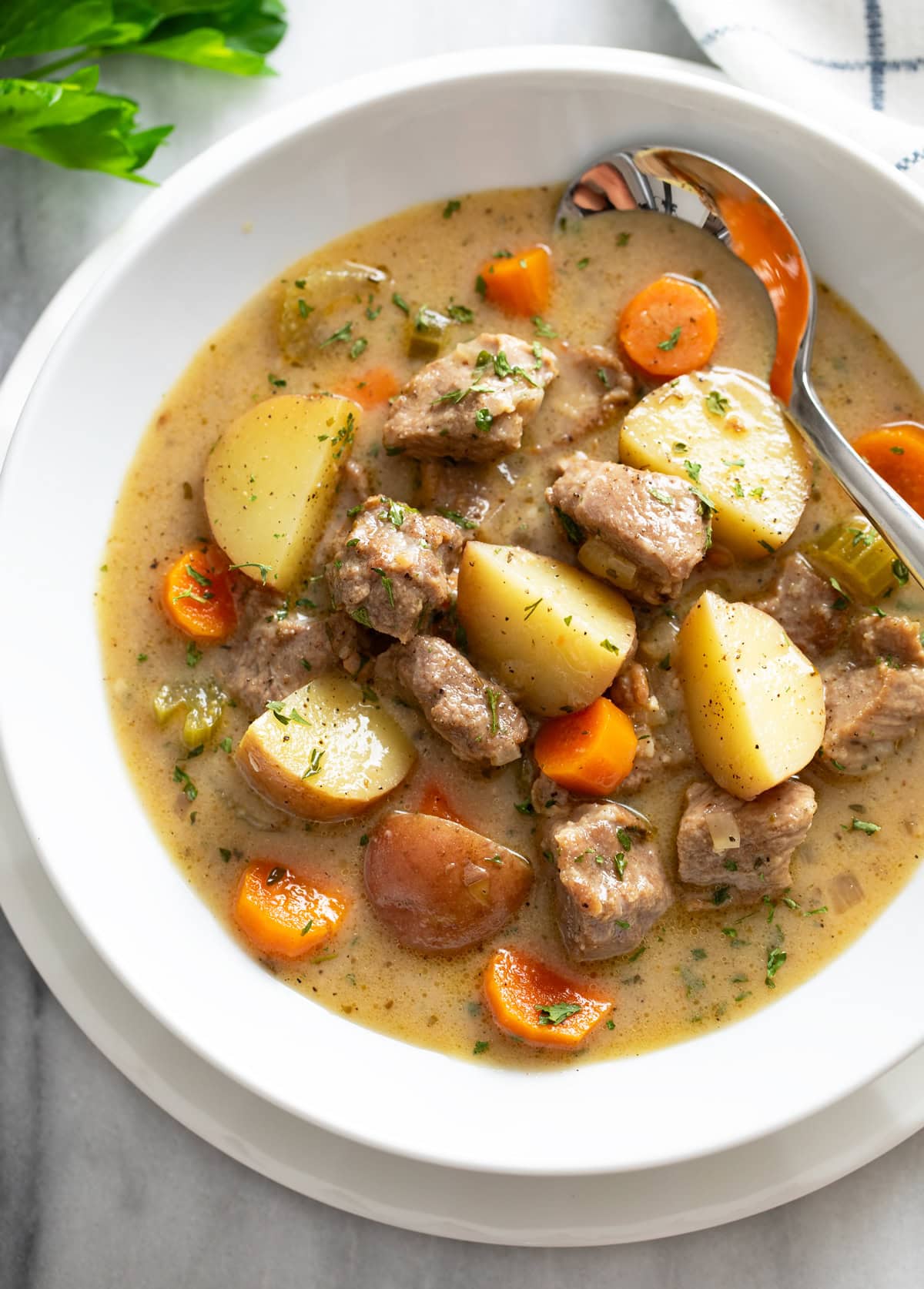 Pork Stew in a white bowl with potatoes, carrots, celery, and onions.