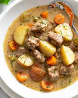 Pork Stew in a white bowl with potatoes, carrots, celery, onions, and bites of pork.