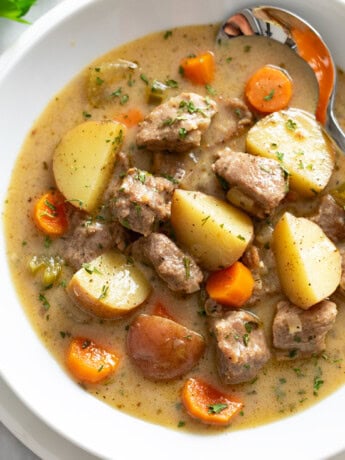 Pork Stew in a white bowl with potatoes, carrots, celery, onions, and bites of pork.