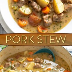 A collage of Pork Stew in a white bowl and in a Dutch oven.