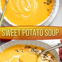 A collage of Sweet Potato Soup in a white bowl with pumpkin seeds on top.