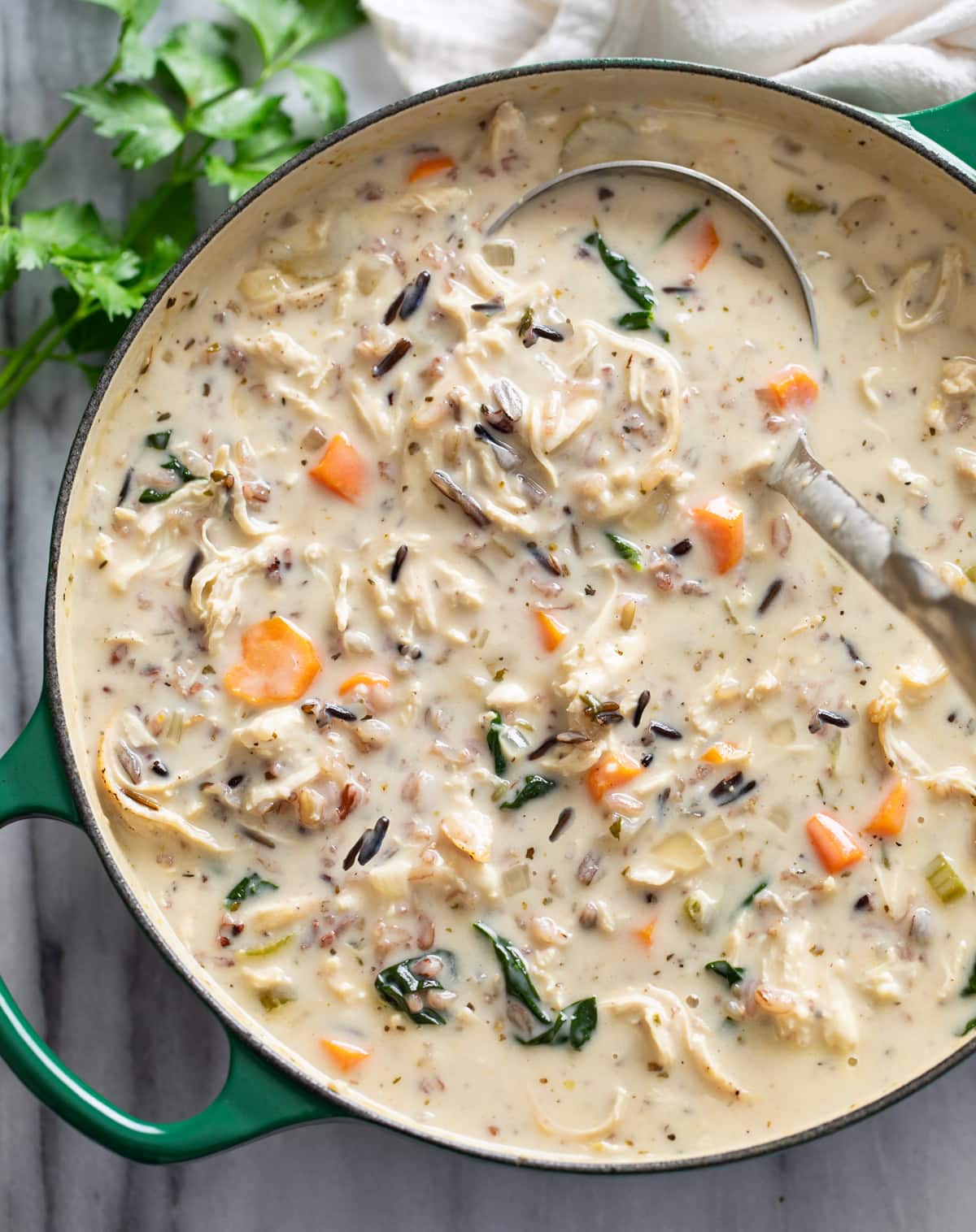 Chicken and Wild Rice Soup in a soup pot with a ladle. scooping it up.