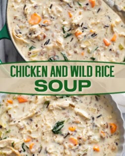 A collage of Chicken and Wild Rice Soup in a soup pot and in a serving bowl.