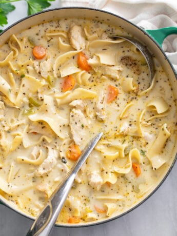 Creamy Chicken Noodle Soup in a soup pot with a soup ladle on the side.