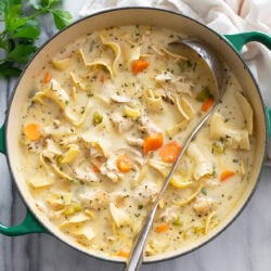 Creamy Chicken Noodle Soup in a soup pot with a serving ladle on the side.