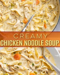 A collage of Creamy Chicken Noodle Soup in a soup pot and in a white bowl.