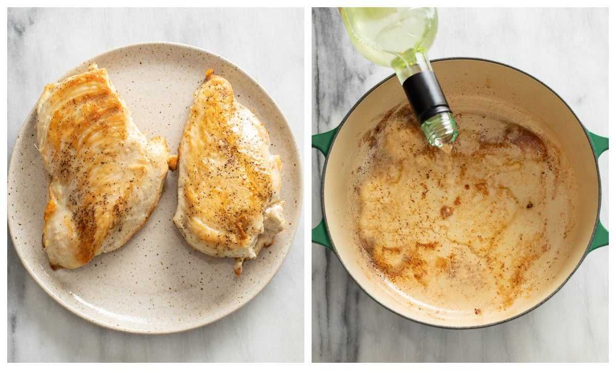 Seared chicken breasts on a plate next to a soup pot being deglazed with white wine.