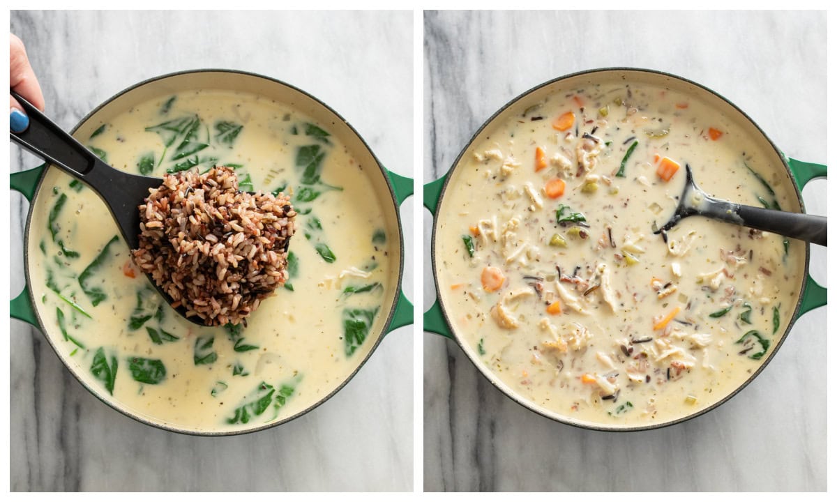 A soup pot with rice being added to Chicken and Wild Rice Soup.