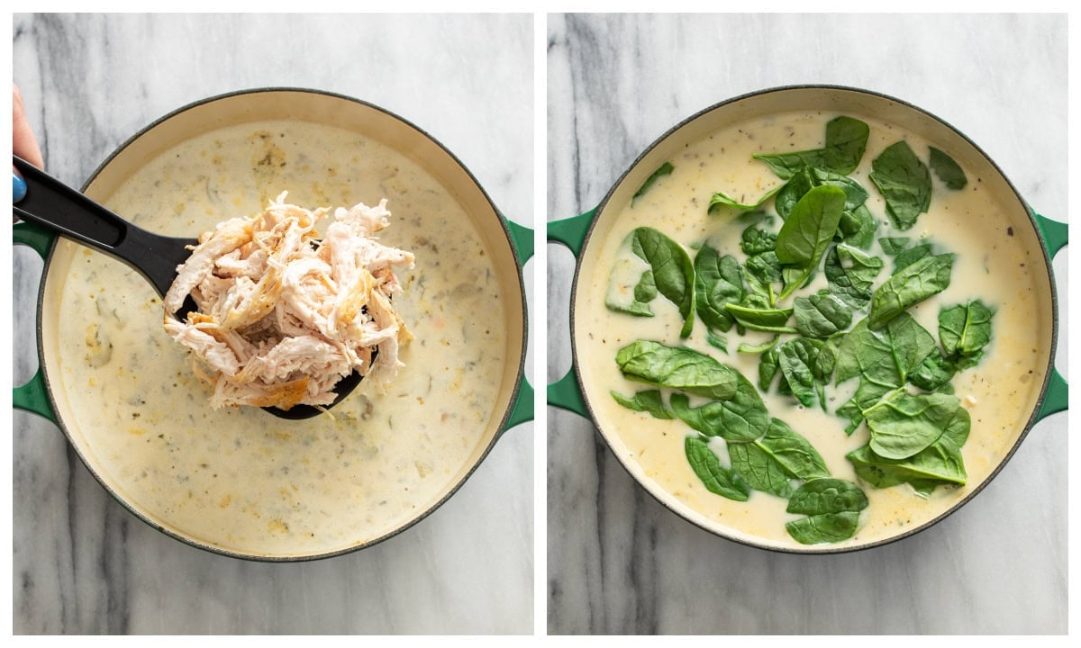 Adding shredded chicken and baby spinach to a soup pot.