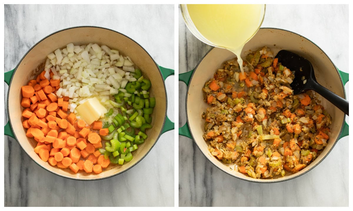 Carrots, onions, celery, and butter in a soup pot being softened with chicken broth being added.