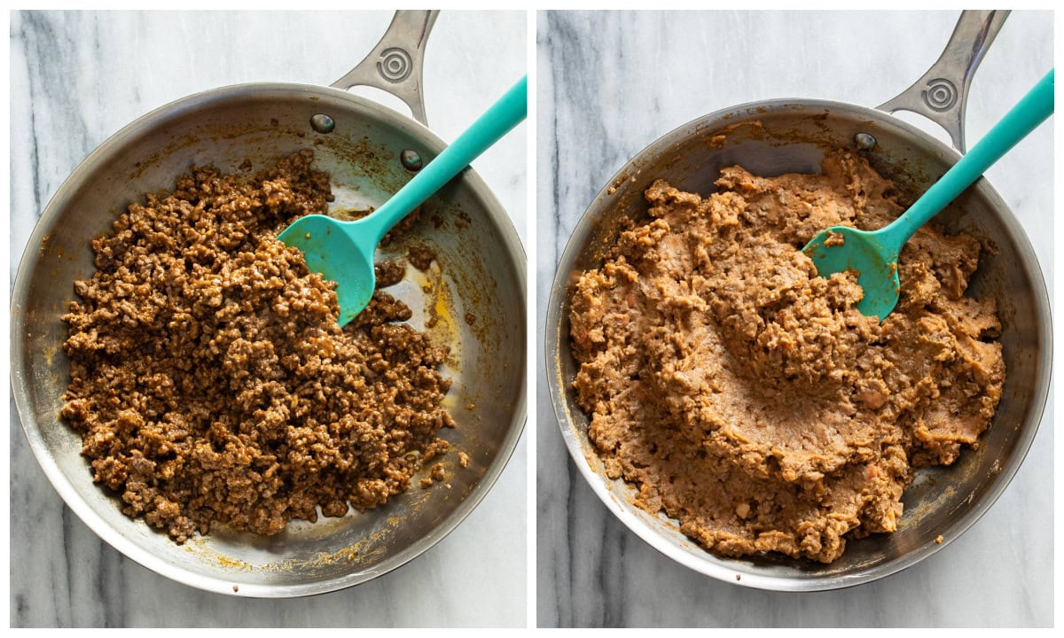 A skillet of seasoned ground beef next to a skillet of seasoned ground beef combined with refried beans.