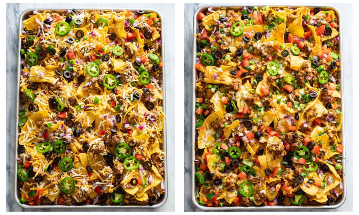 A sheet pan of loaded nachos before and after being baked.