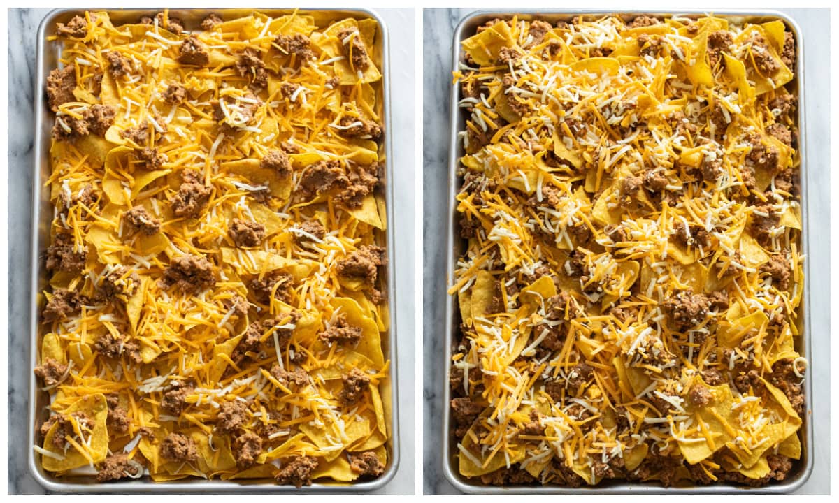 Layering nachos on a sheet pan with cheese and a ground beef and refried bean mixture.