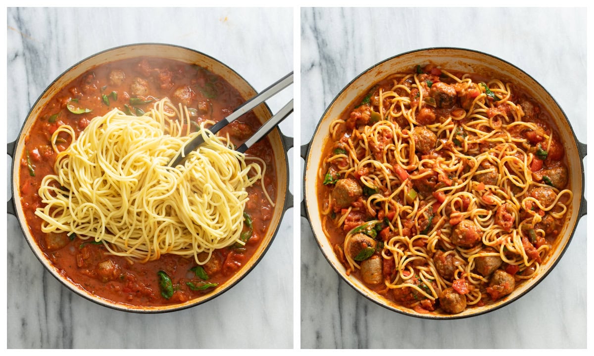 Adding spaghetti to a pot of Sausage Spaghetti in a skillet.