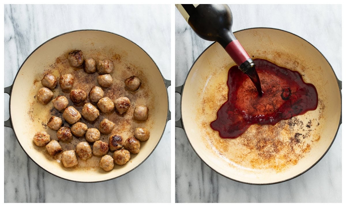 Browning sausage in a skillet next to the skillet being deglazed with red wine.