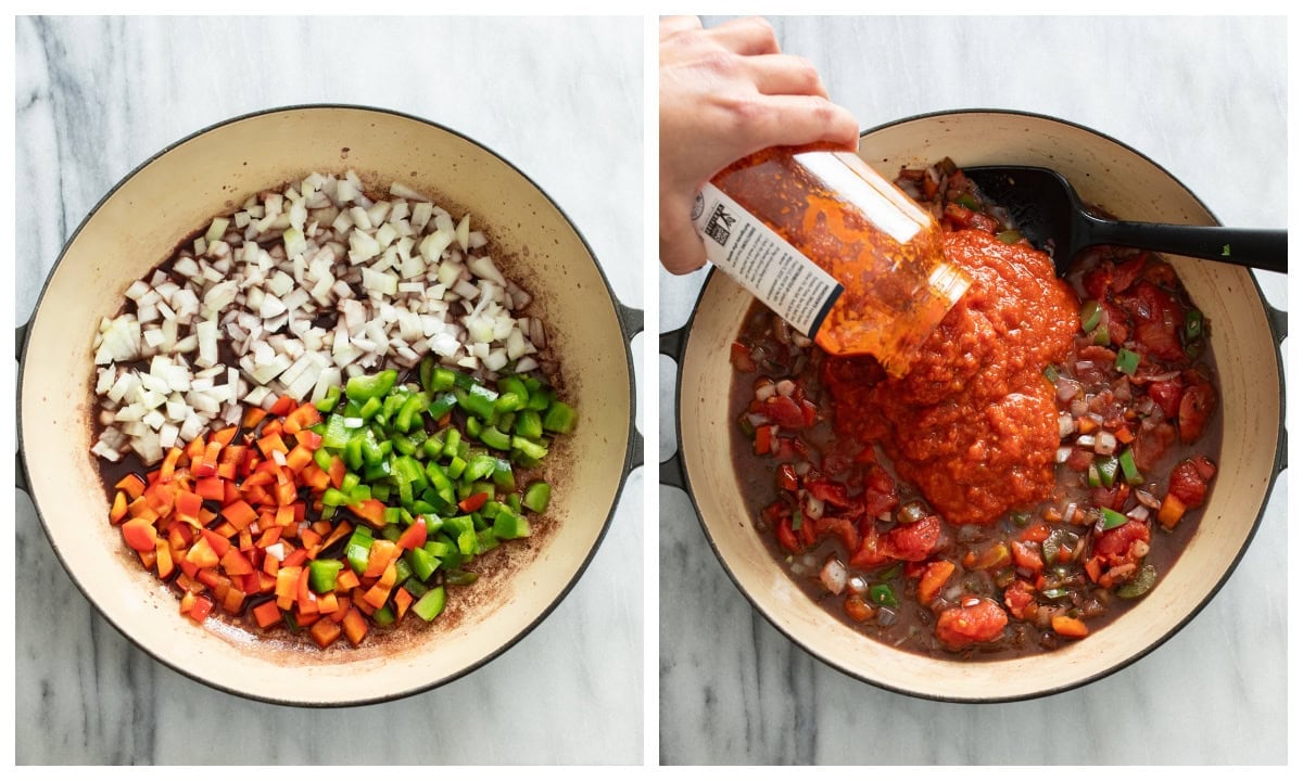 Softening vegetables in a skillet next to a skillet with marinara sauce being added.