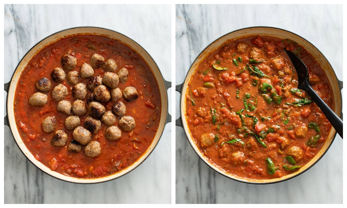 Adding meatballs to a skillet full of sauce for Sausage Spaghetti.