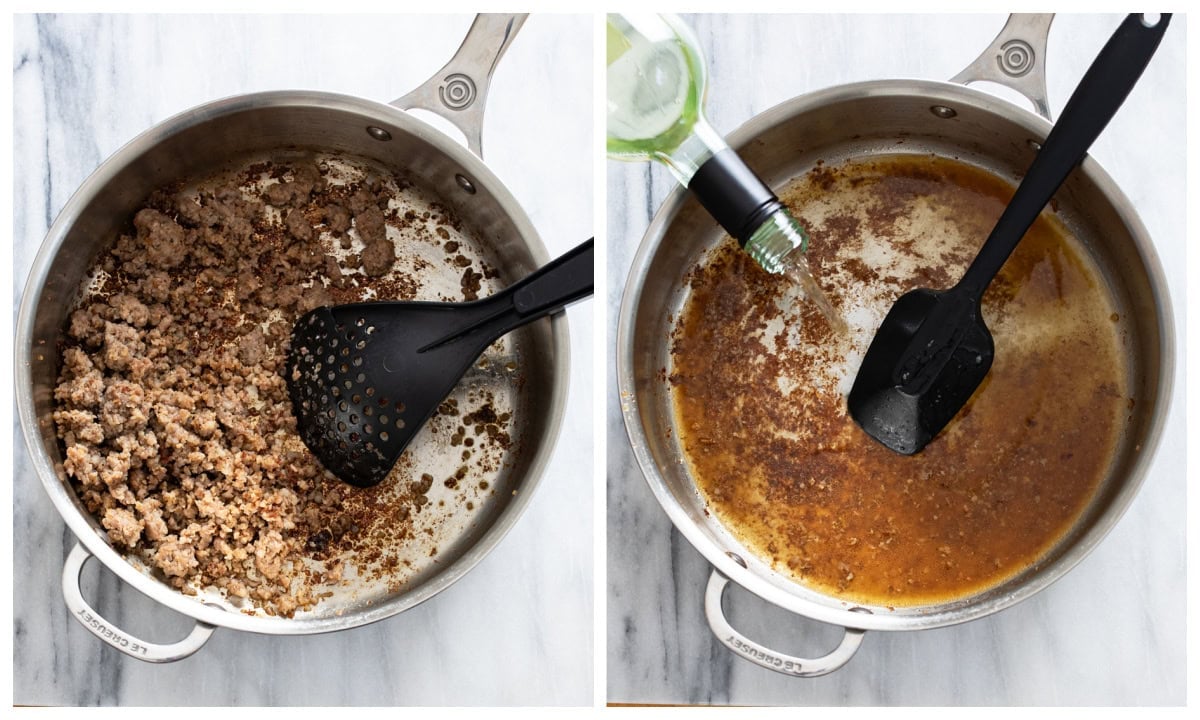 Cooked ground sausage in a skillet next to a skillet being deglazed with white wine.