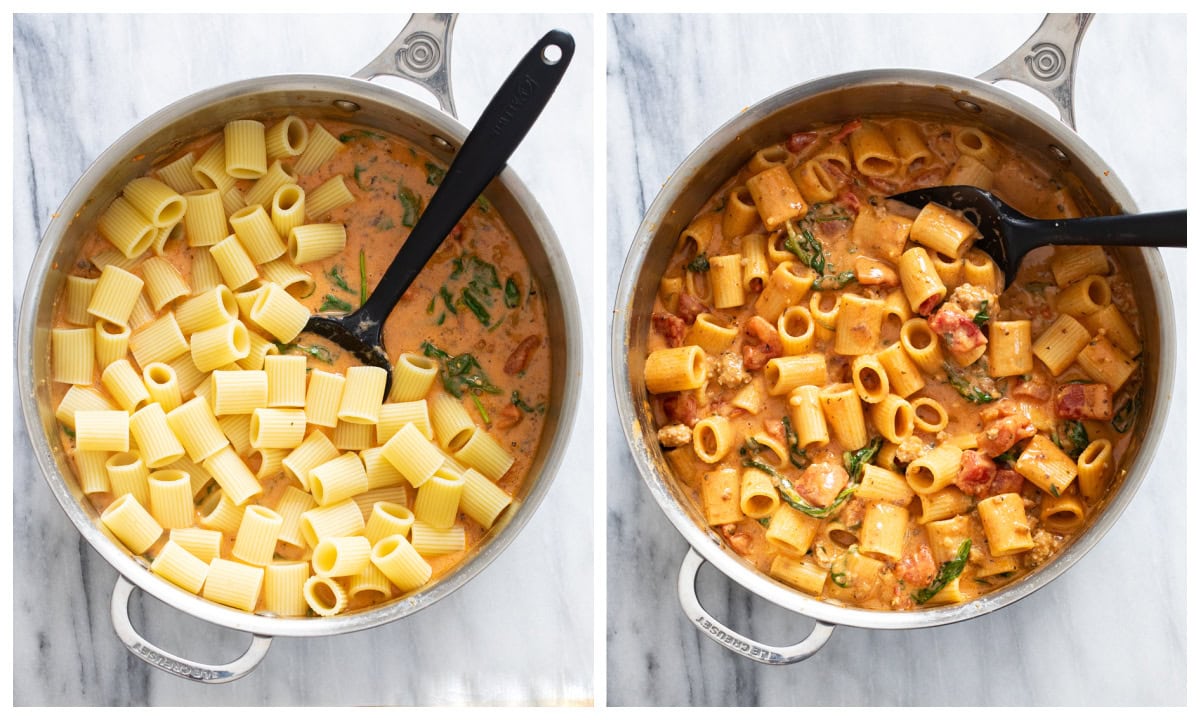 Adding pasta to a skillet with a creamy tomato spinach sauce to make Tomato Spinach Pasta.