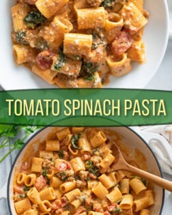 A collage of Tomato Spinach Pasta in a white bowl and in a skillet with a spoon.