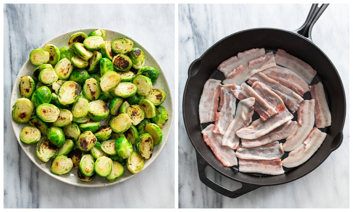 A plate of seared Brussels Sprouts next to a cast iron skillet with uncooked bacon in it.