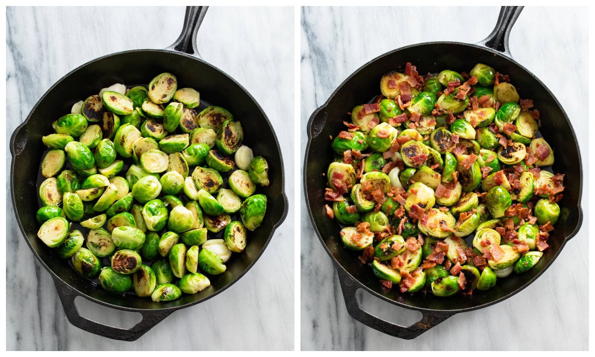 Bacon Brussels Sprouts in a cast iron skillet before and after the bacon is added.